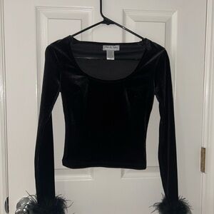 Altar'd State Black Velvet Long Sleeve Top with Feather Cuffs